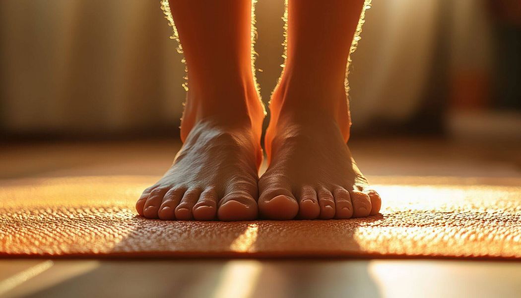 Nahaufnahme von Füßen, die entspannt auf einer orangefarbenen Yogamatte stehen, im warmen Licht eines sonnigen Raumes.