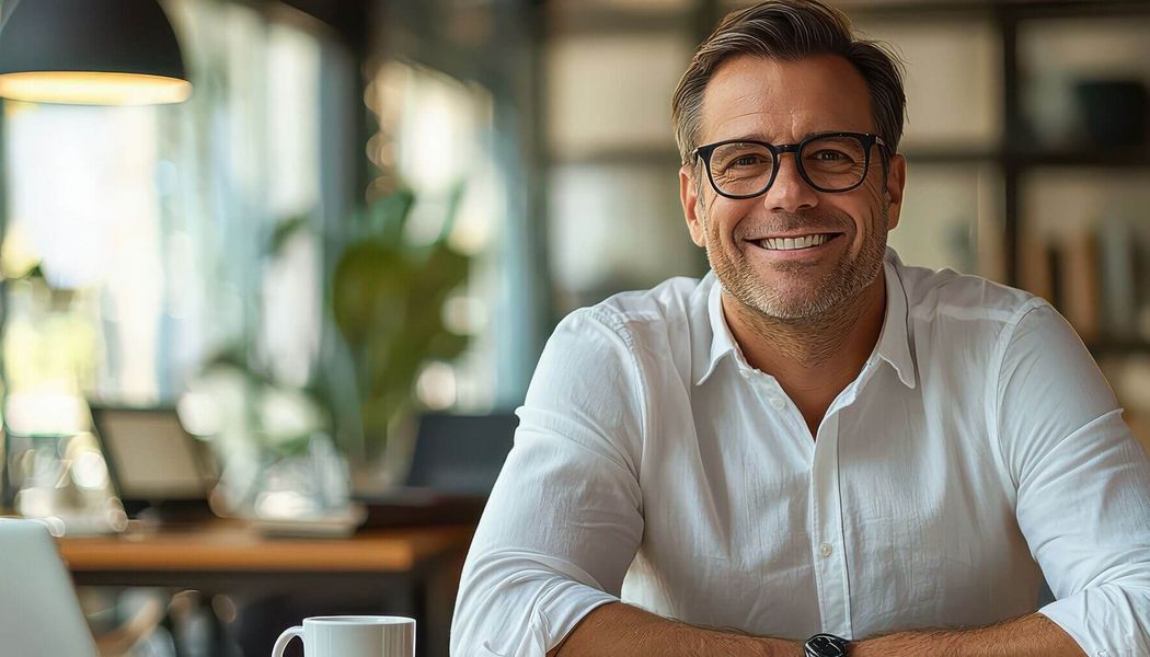 Ein selbstbewusster Geschäftsmann in seinen späten Dreißigern lächelt herzlich an einem Schreibtisch im Büro.