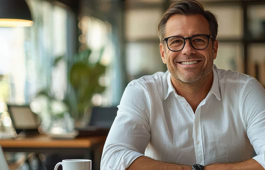 Ein selbstbewusster Geschäftsmann in seinen späten Dreißigern lächelt herzlich an einem Schreibtisch im Büro.