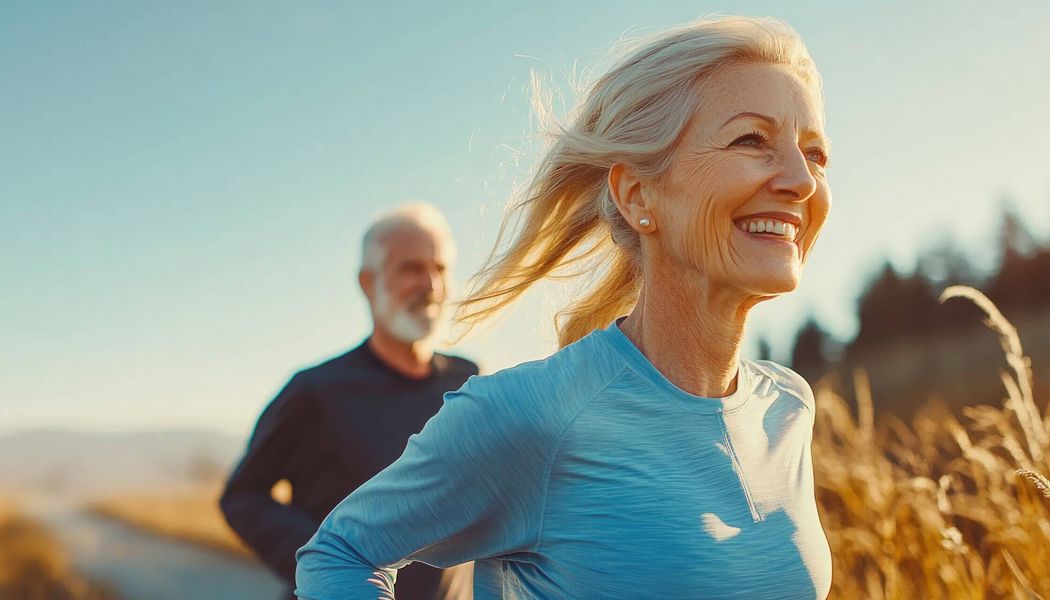 Ein lächelndes Paar joggt fröhlich durch ein weites offenes Feld bei sonnigem Wetter.