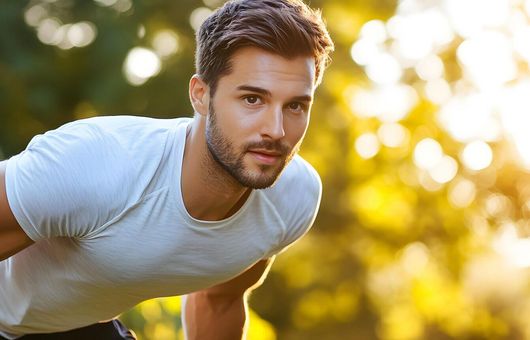 Ein Mann macht draußen Liegestütze im Sonnenschein, umgeben von grüner Natur.