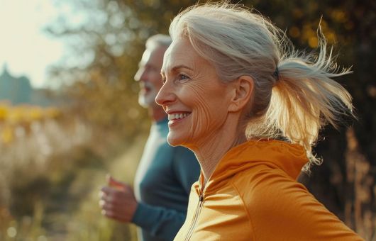 Eine Frau joggt lächelnd im Freien in einem gelben Hoodie bei sonnigem Wetter, während ein Mann im Hintergrund läuft.